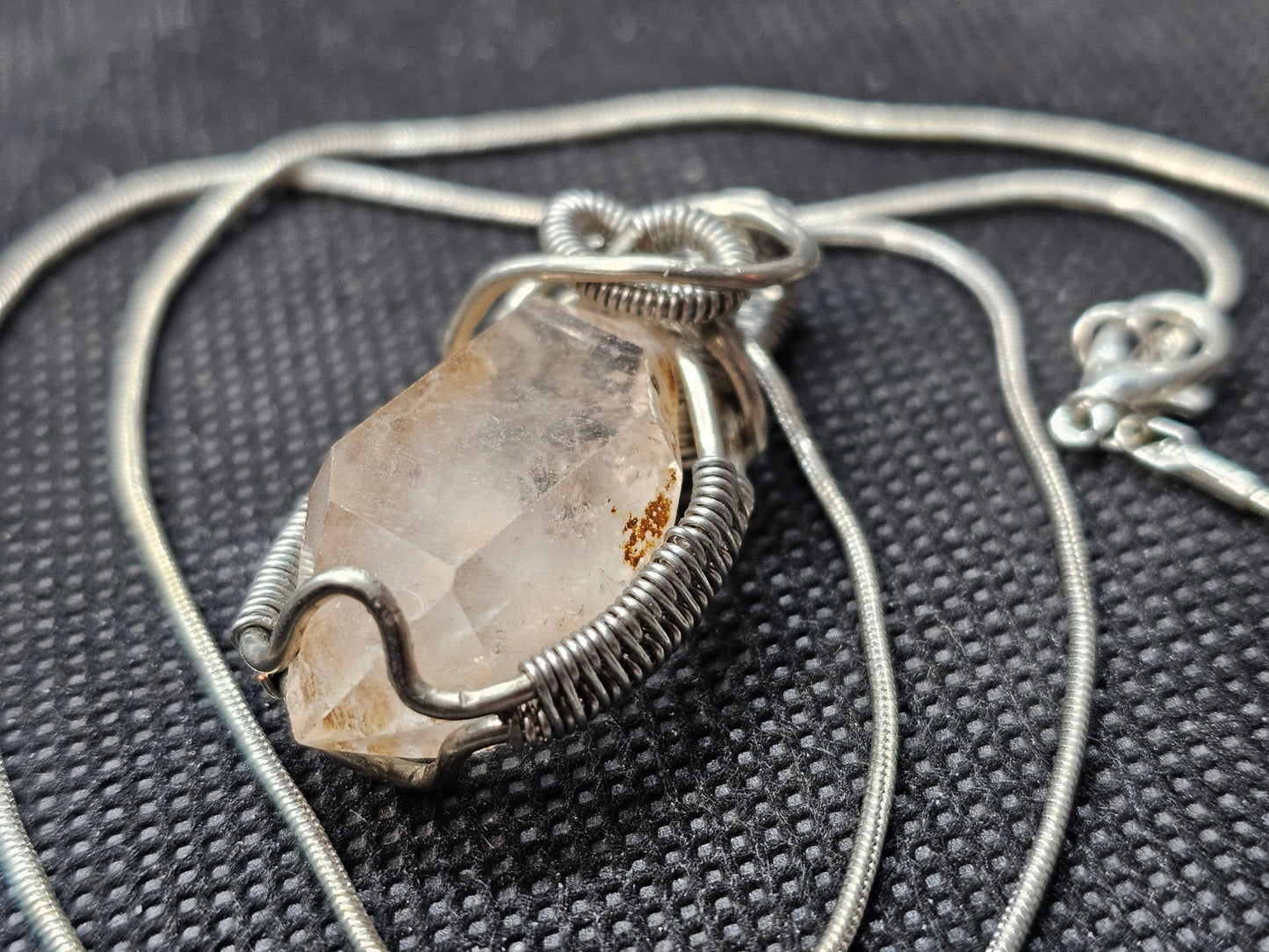 hand crafted wire wrapped in silver crystal pendant with silver chain 22 inches