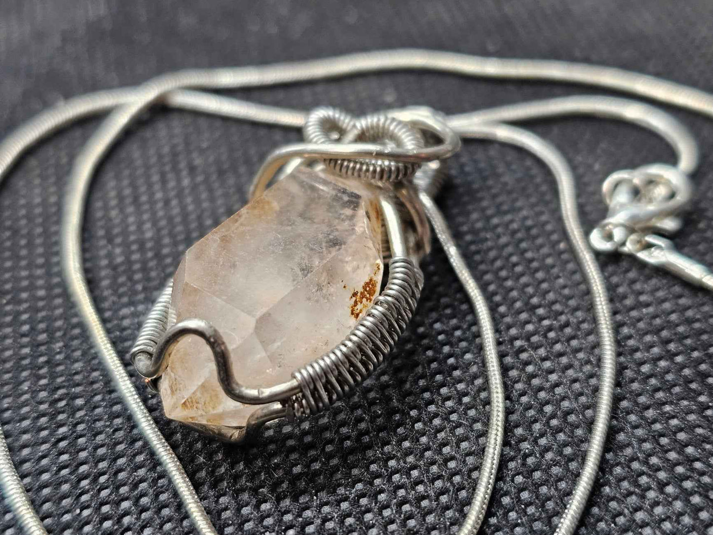 hand crafted wire wrapped in silver crystal pendant with silver chain 22 inches