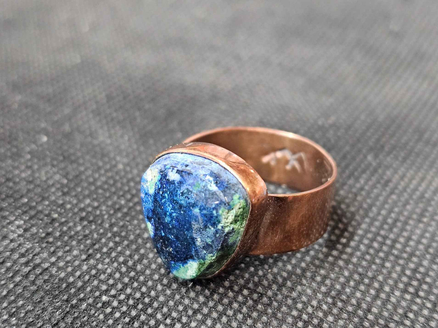 Custom Azurite Malachite Copper Ring, Size 12 Handcrafted Shield Statement Ring