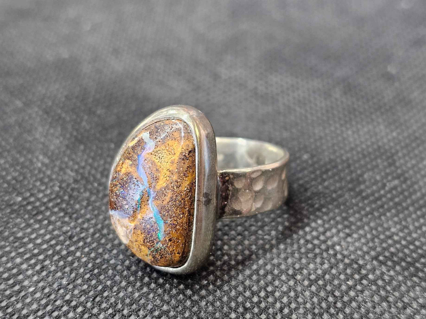 Custom Australian Boulder Opal Silver Ring, Size 9.5 Handcrafted Freeform Statement Ring