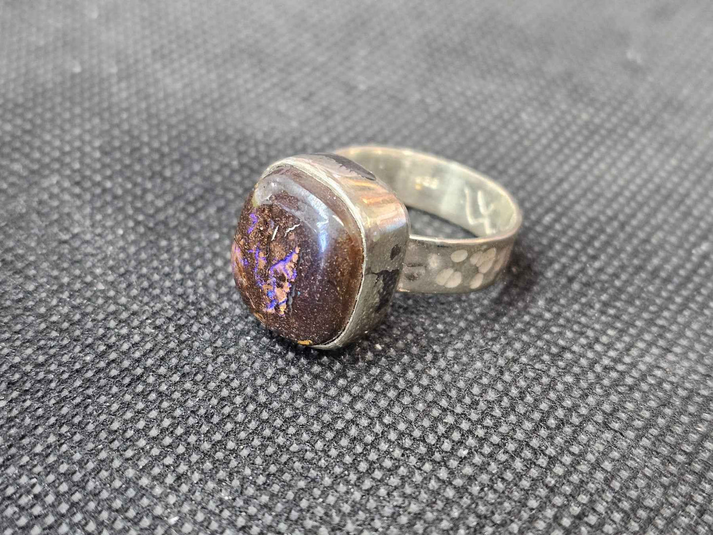 Custom Boulder Opal Silver Statement Ring, Size 9 Handcrafted Cushion Cut Opal Ring