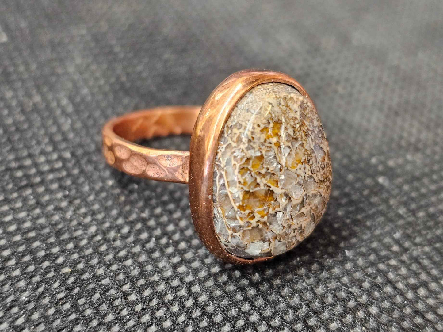 Handmade Copper Dinosaur Gembone Ring - Size 8.5 Hammered Band