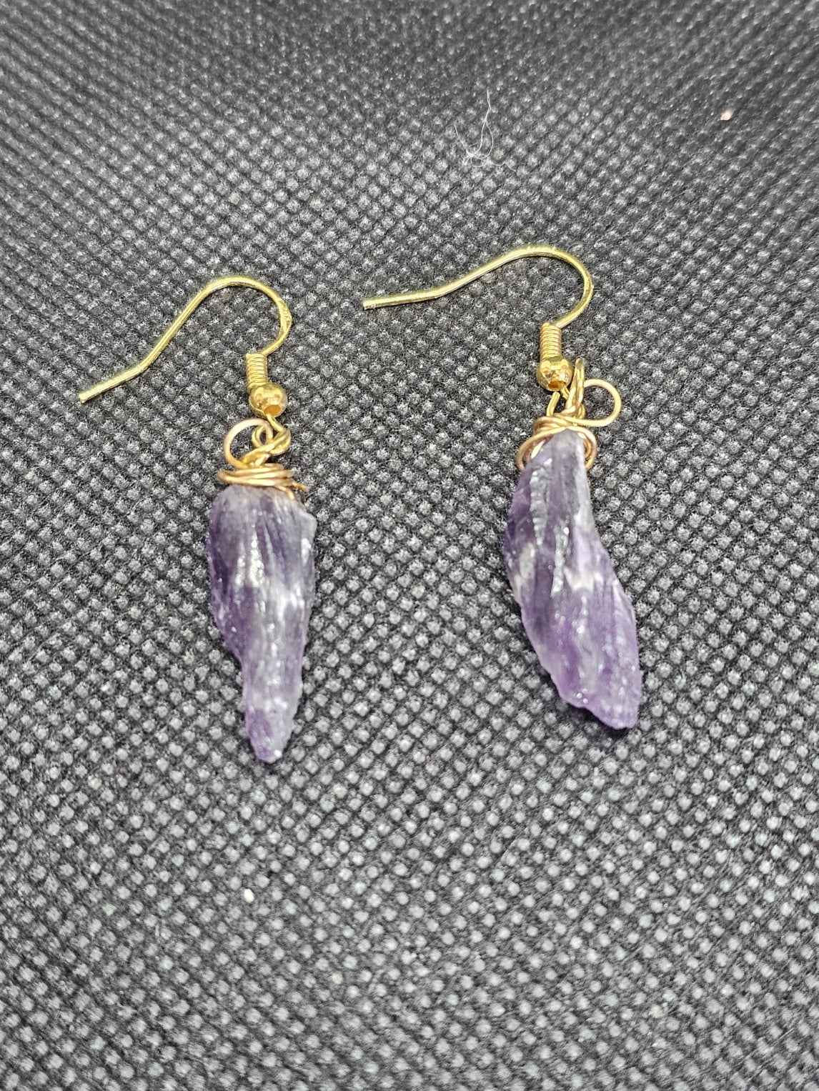 Gold Plated Raw Amethyst Crystal Point Wire Wrapped Drop Earrings