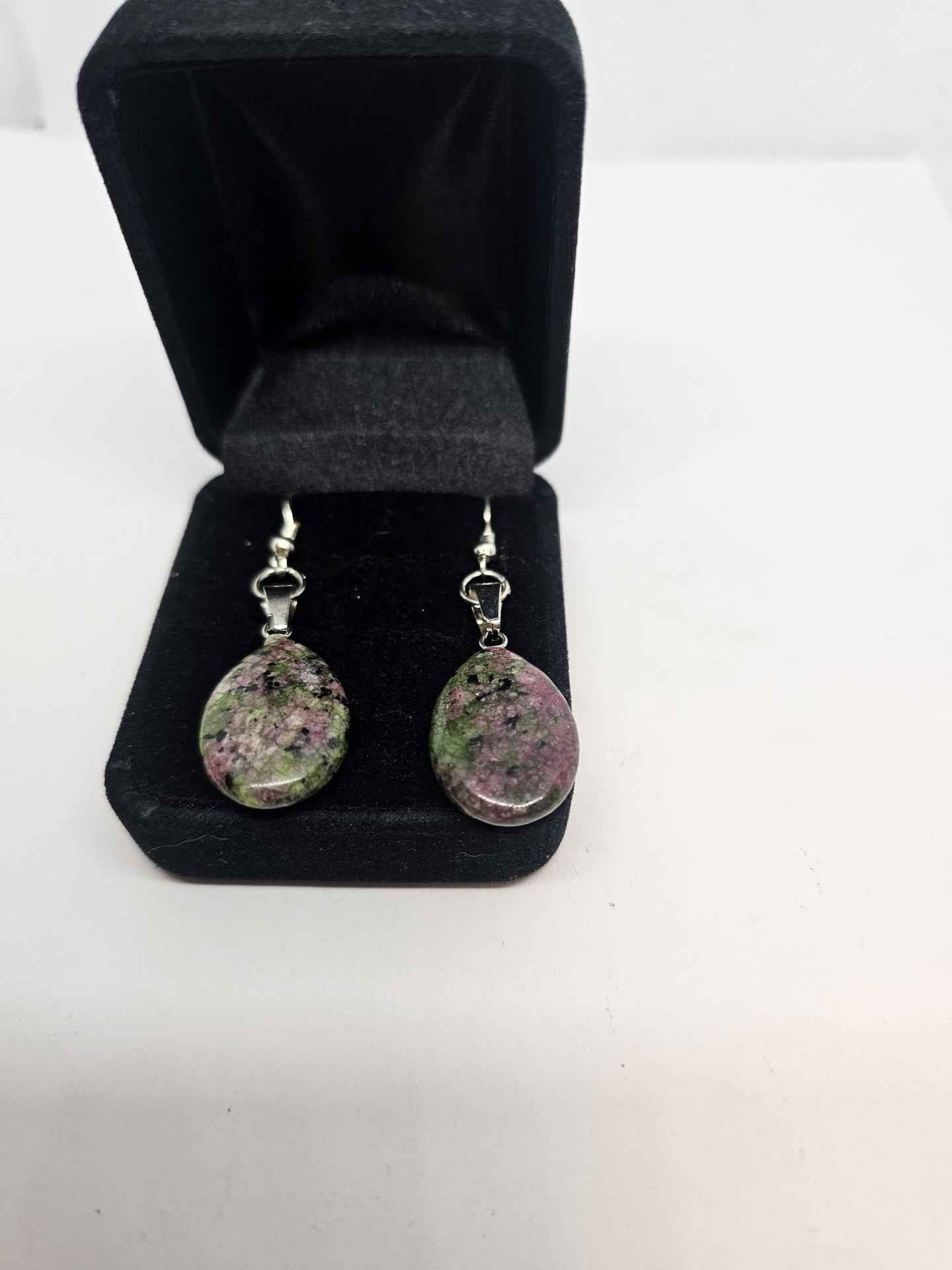 Sterling Silver Ruby Zoisite Polished Cabochon Teardrop Earrings