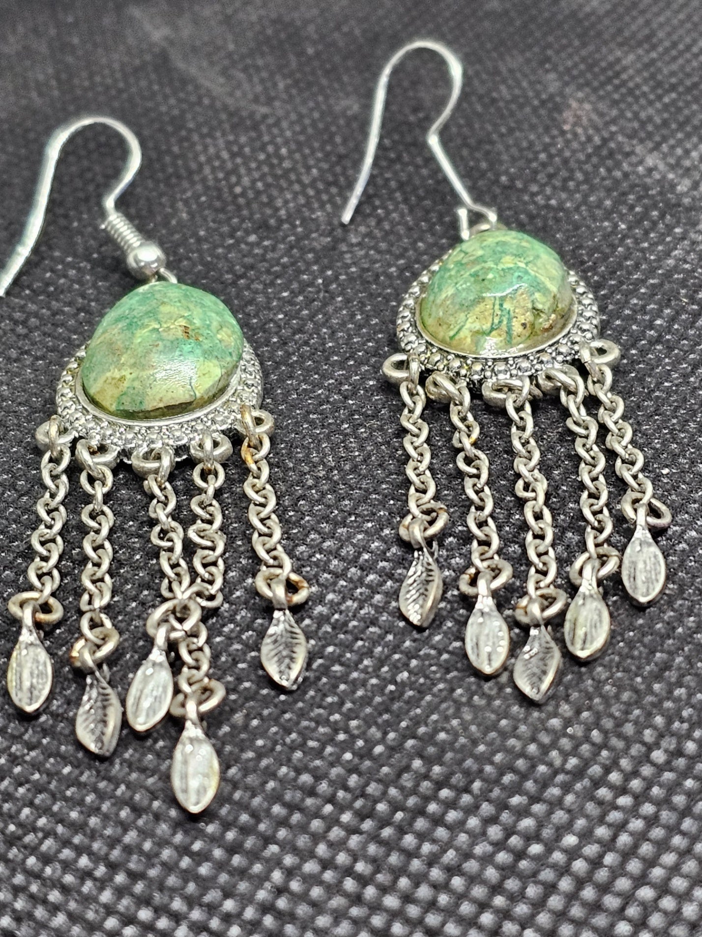 Sterling Silver Turquoise Drop Earrings with Decorative Leaf Chain