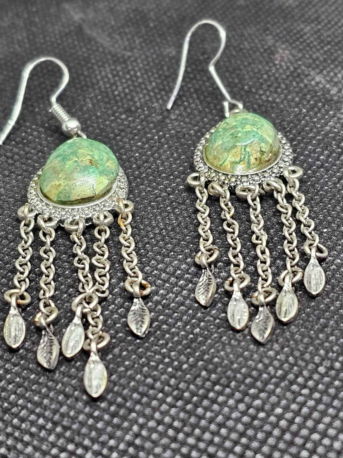 Sterling Silver Turquoise Drop Earrings with Decorative Leaf Chain