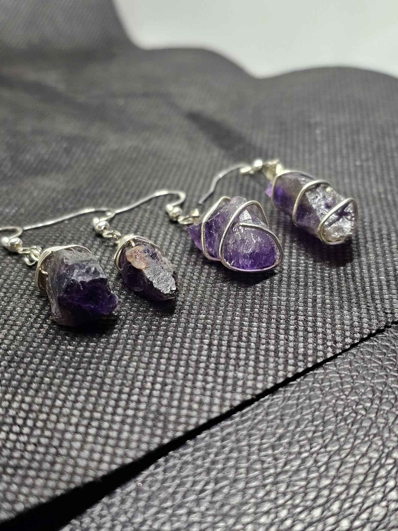 Raw Crystal Point Amethyst Sterling Silver Wire Wrapped Drop Earrings