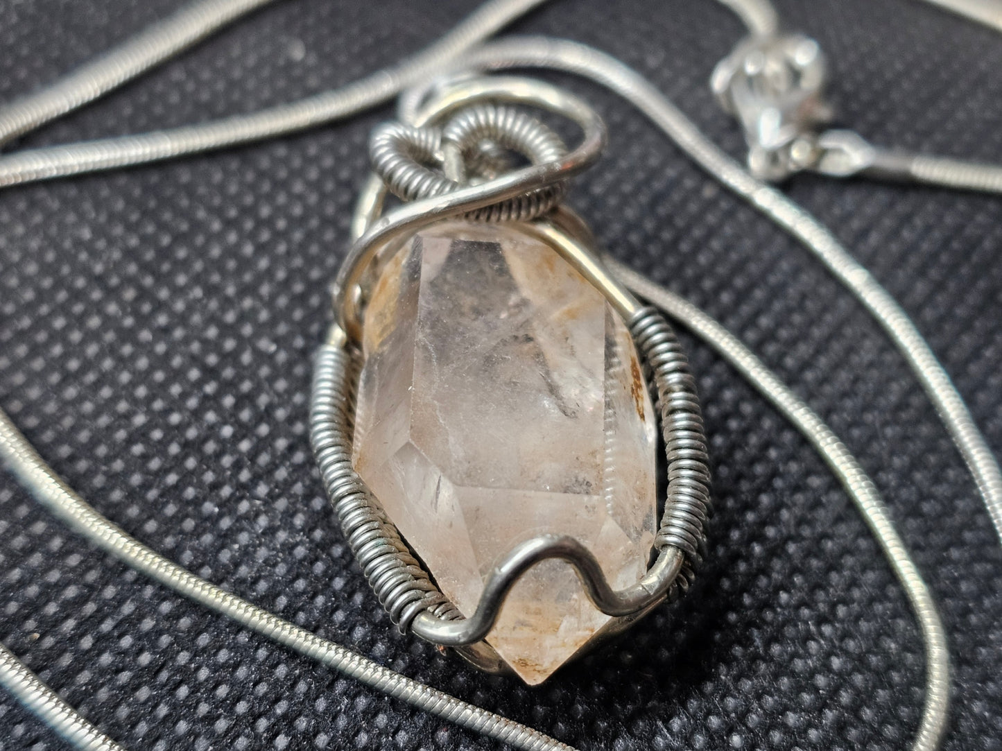 hand crafted wire wrapped in silver crystal pendant with silver chain 22 inches