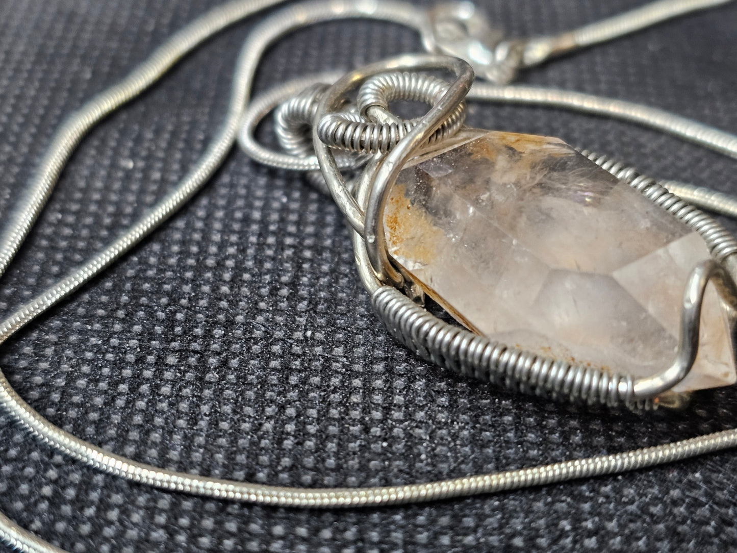 hand crafted wire wrapped in silver crystal pendant with silver chain 22 inches