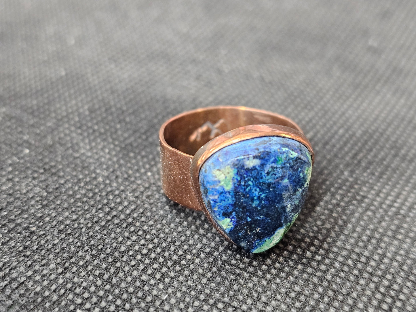 Custom Azurite Malachite Copper Ring, Size 12 Handcrafted Shield Statement Ring