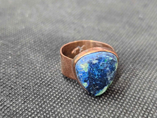 Custom Azurite Malachite Copper Ring, Size 12 Handcrafted Shield Statement Ring