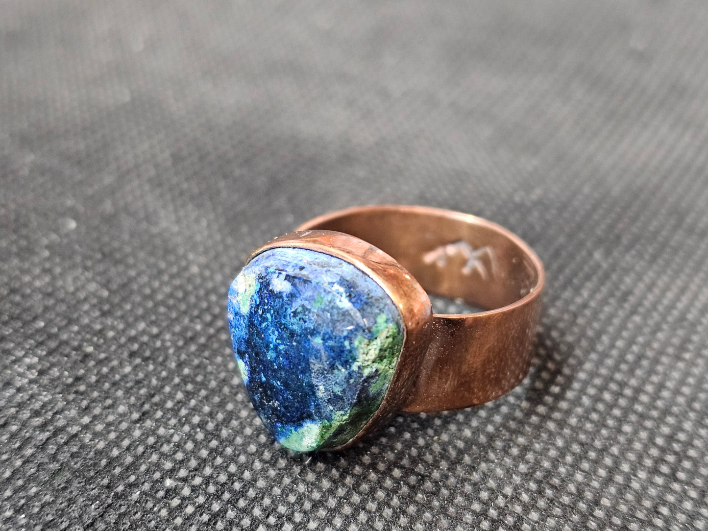Custom Azurite Malachite Copper Ring, Size 12 Handcrafted Shield Statement Ring