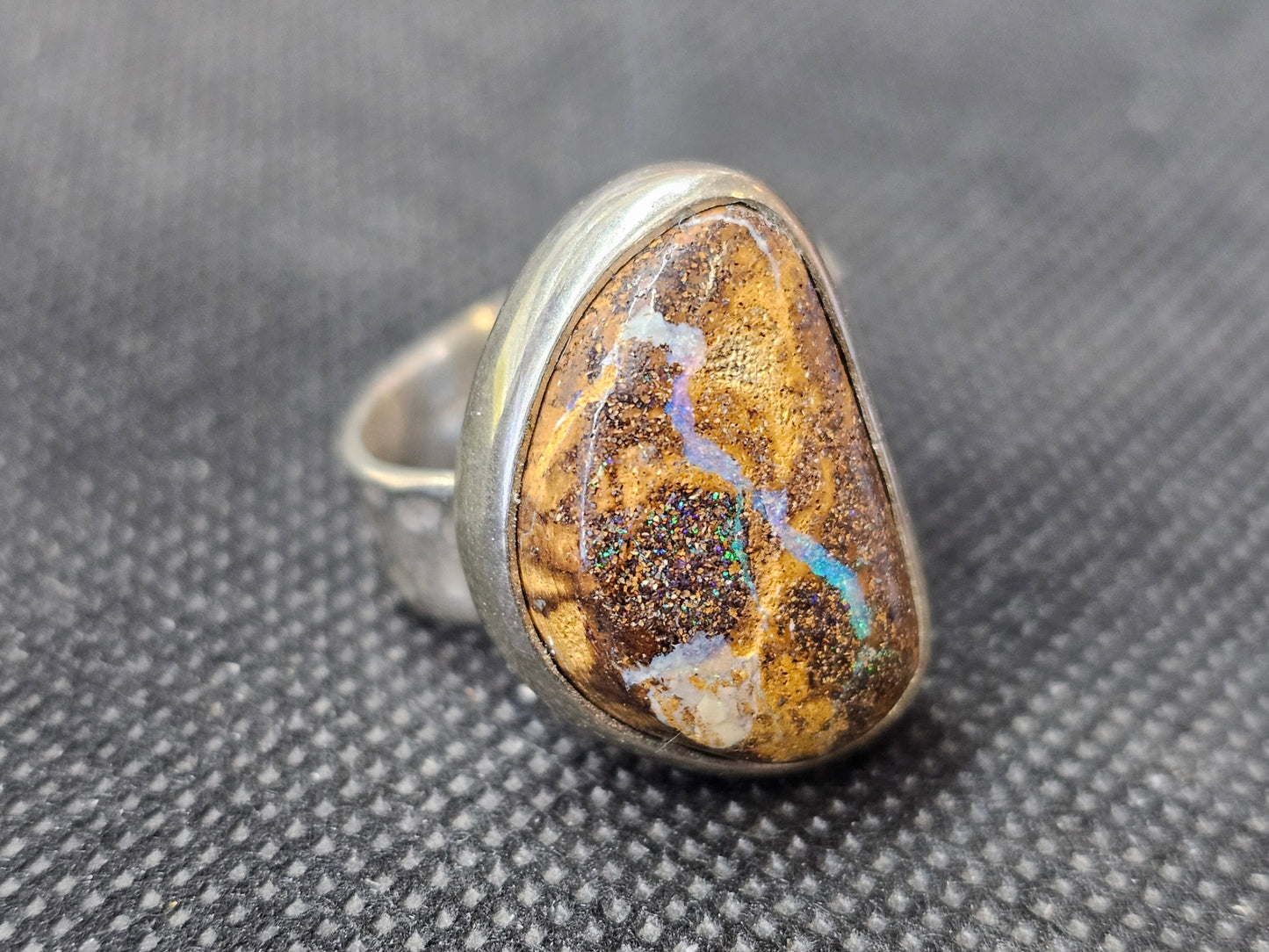 Custom Australian Boulder Opal Silver Ring, Size 9.5 Handcrafted Freeform Statement Ring