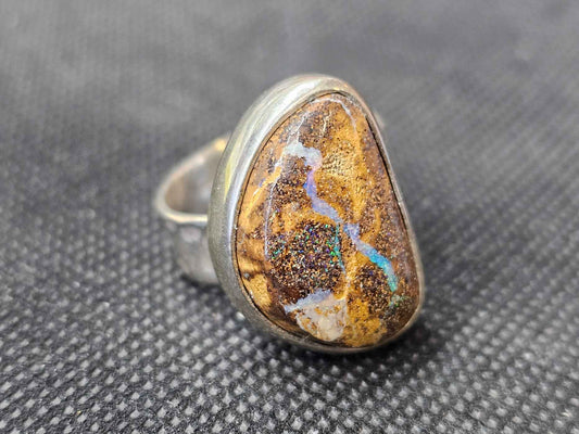 Custom Australian Boulder Opal Silver Ring, Size 9.5 Handcrafted Freeform Statement Ring