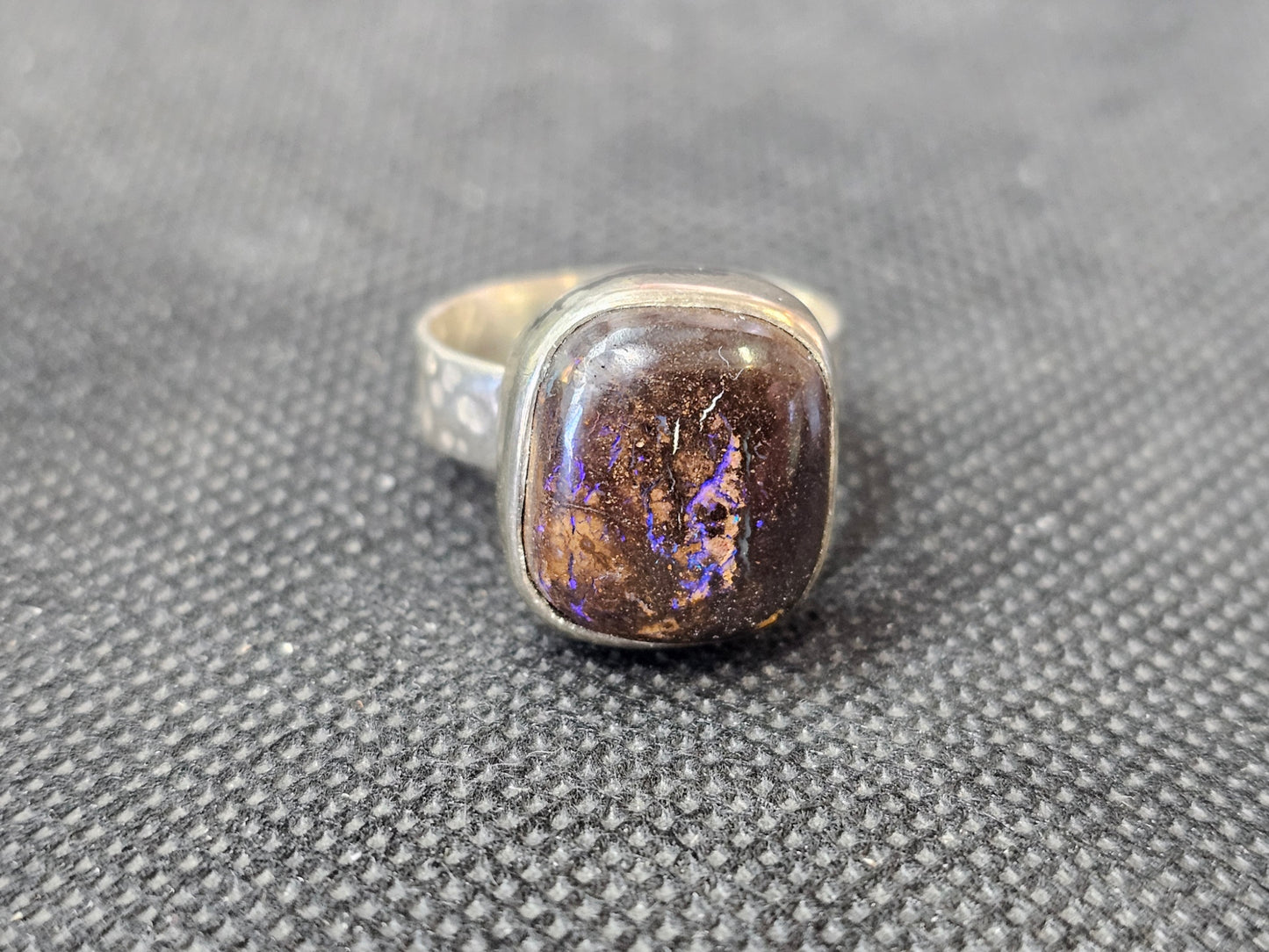 Custom Boulder Opal Silver Statement Ring, Size 9 Handcrafted Cushion Cut Opal Ring