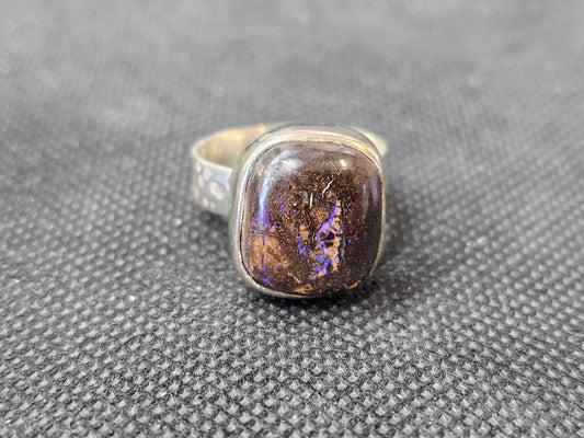 Custom Boulder Opal Silver Statement Ring, Size 9 Handcrafted Cushion Cut Opal Ring