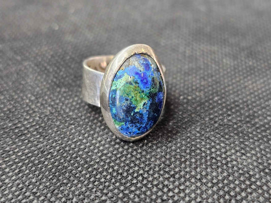 Custom Azurite Malachite Silver Statement Ring, Size 7 Handcrafted Oval Crystal Ring