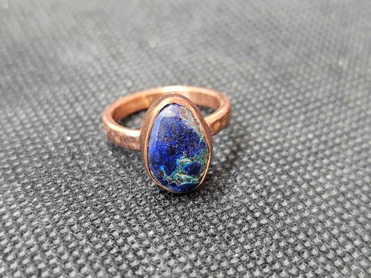 Custom Azurite Malachite Copper Ring, Size 6 Handcrafted Teardrop Statement Ring