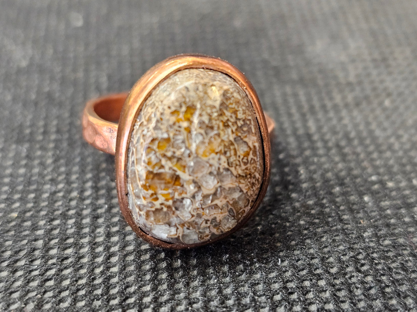 Handmade Copper Dinosaur Gembone Ring - Size 8.5 Hammered Band