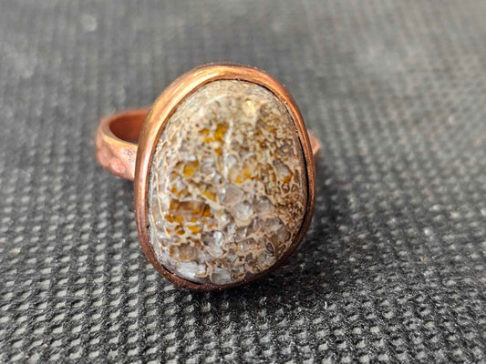 Handmade Copper Dinosaur Gembone Ring - Size 8.5 Hammered Band