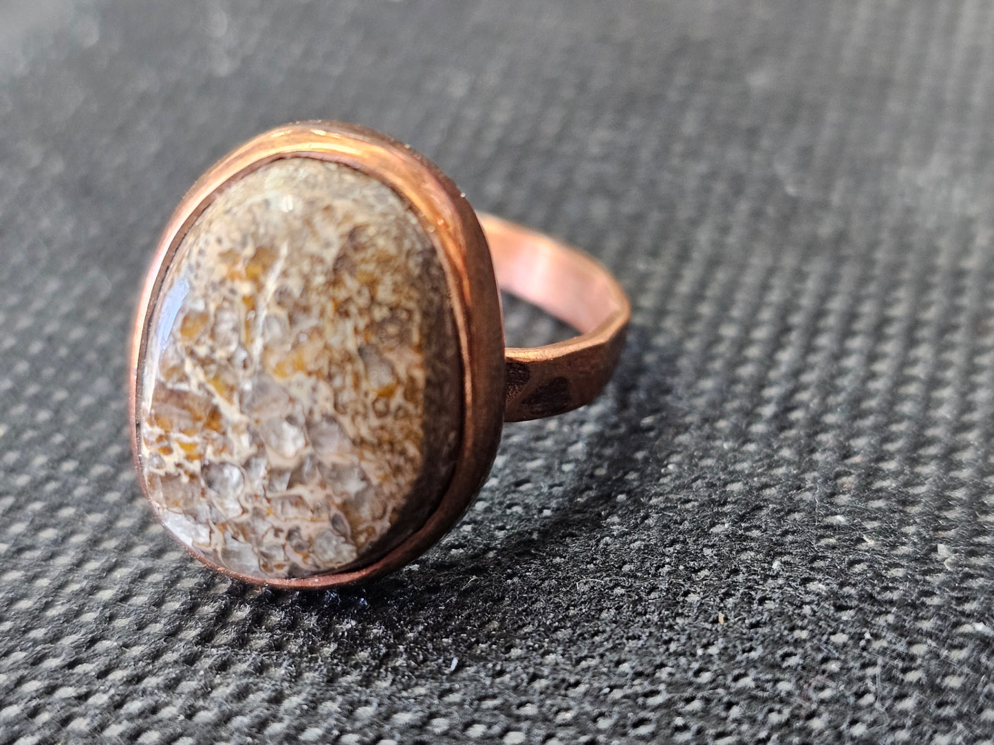 Handmade Copper Dinosaur Gembone Ring - Size 8.5 Hammered Band