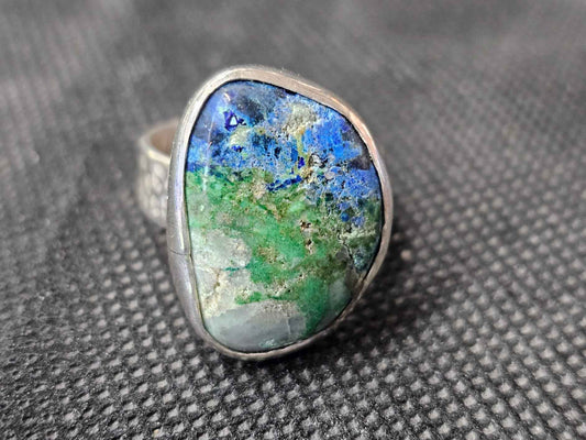 Handmade Silver Azurite Malachite Ring - Size 8 Sterling Silver Gemstone Ring