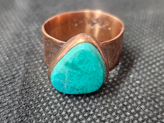 Natural Teal Turquoise Wide Copper Band, Size 10 Artisan Jewelry - Ghost Mountain Minerals