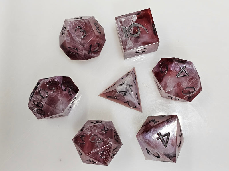 The Essence of the Sanguine Pact handcrafted resin DnD dice set for zealot barbarian characters by Ghost Mountain Minerals