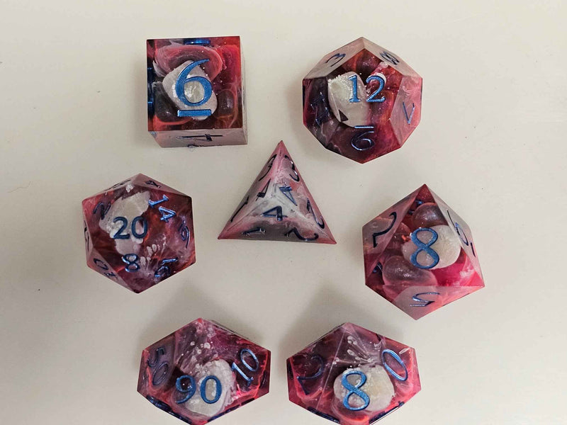 Core of the Bloodstone Heart handcrafted resin DnD dice set for berserker barbarian characters by Ghost Mountain Minerals