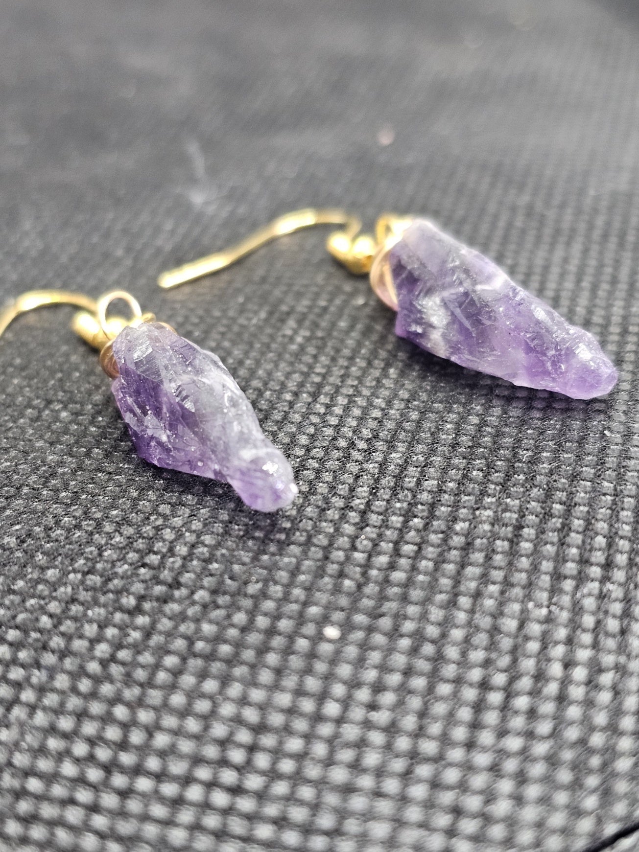 Gold Plated Raw Amethyst Crystal Point Wire Wrapped Drop Earrings