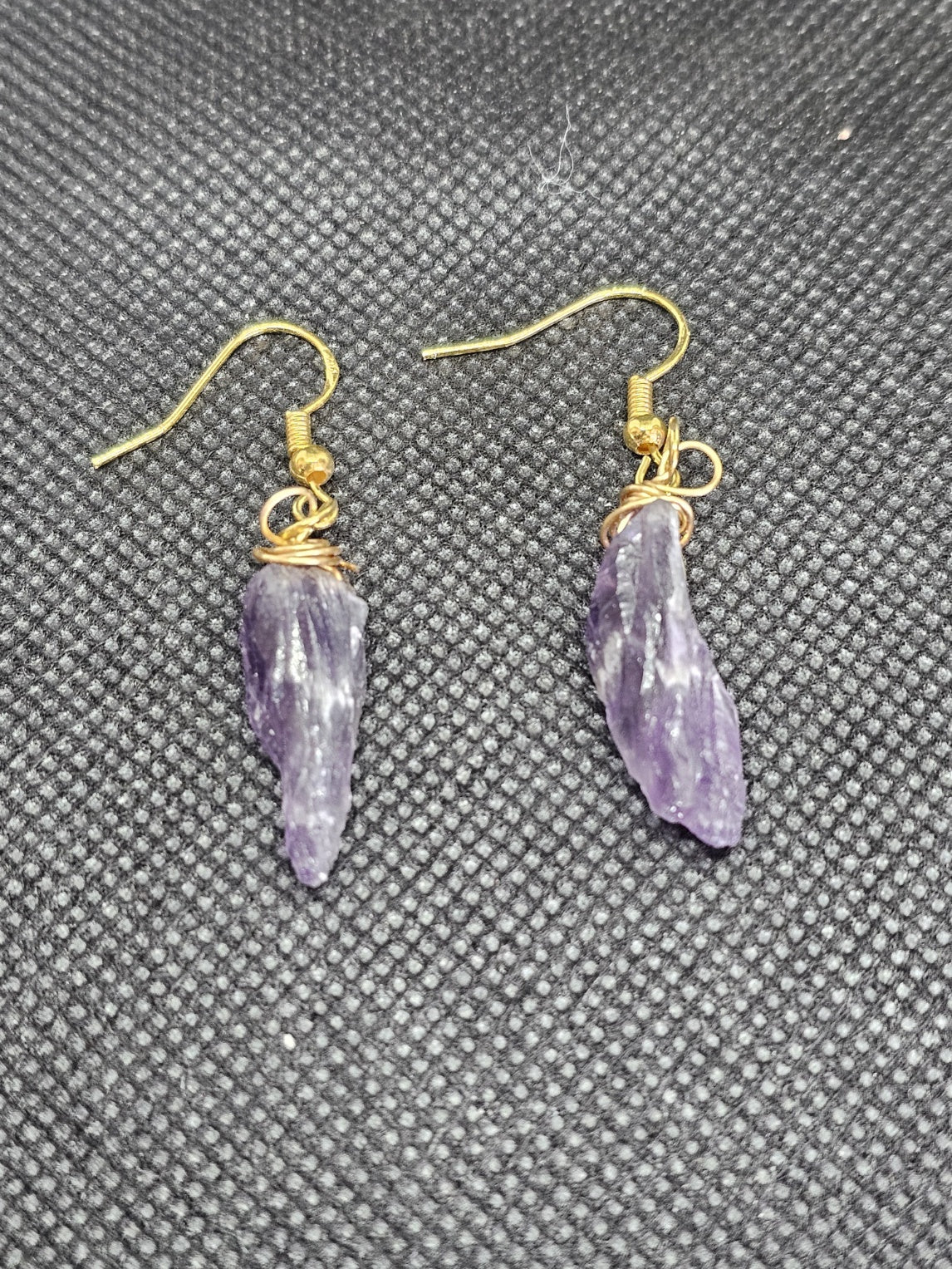 Gold Plated Raw Amethyst Crystal Point Wire Wrapped Drop Earrings
