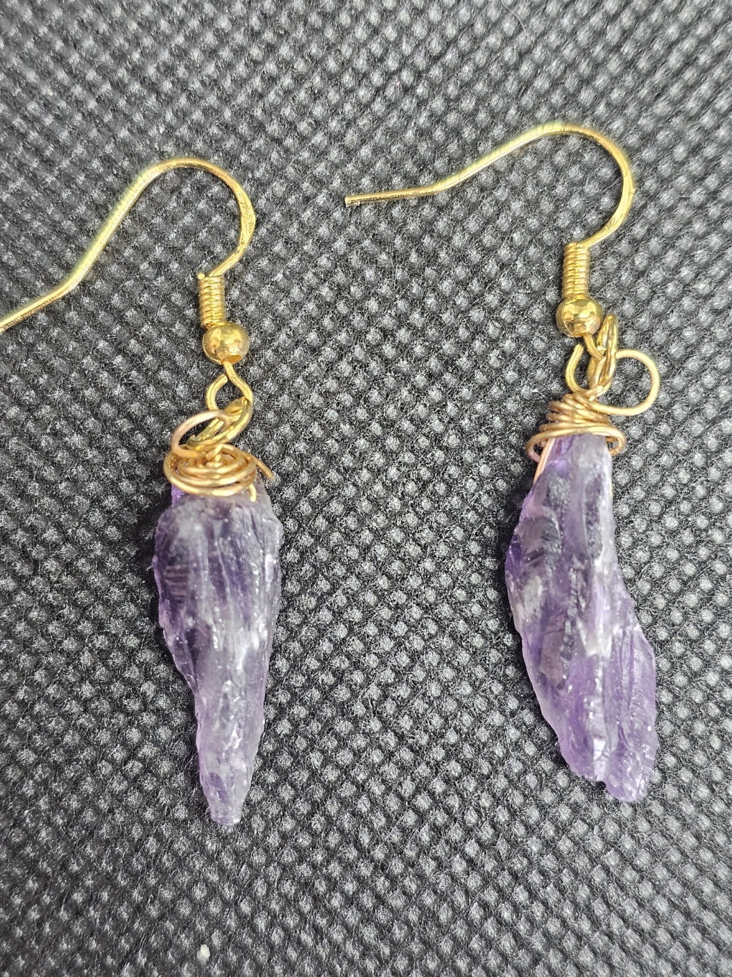 Gold Plated Raw Amethyst Crystal Point Wire Wrapped Drop Earrings