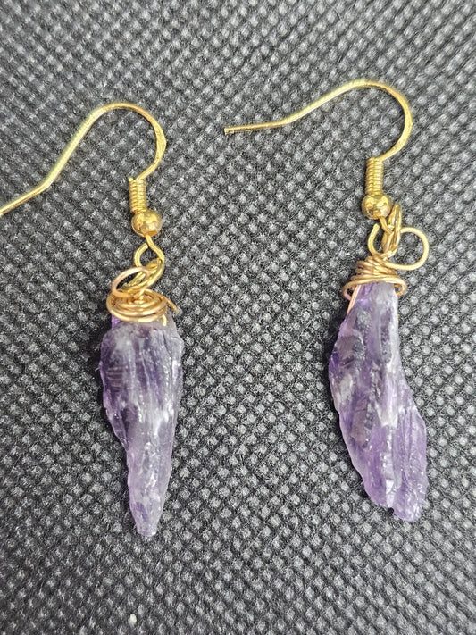 Gold Plated Raw Amethyst Crystal Point Wire Wrapped Drop Earrings