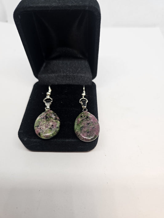 Sterling Silver Ruby Zoisite Polished Cabochon Teardrop Earrings