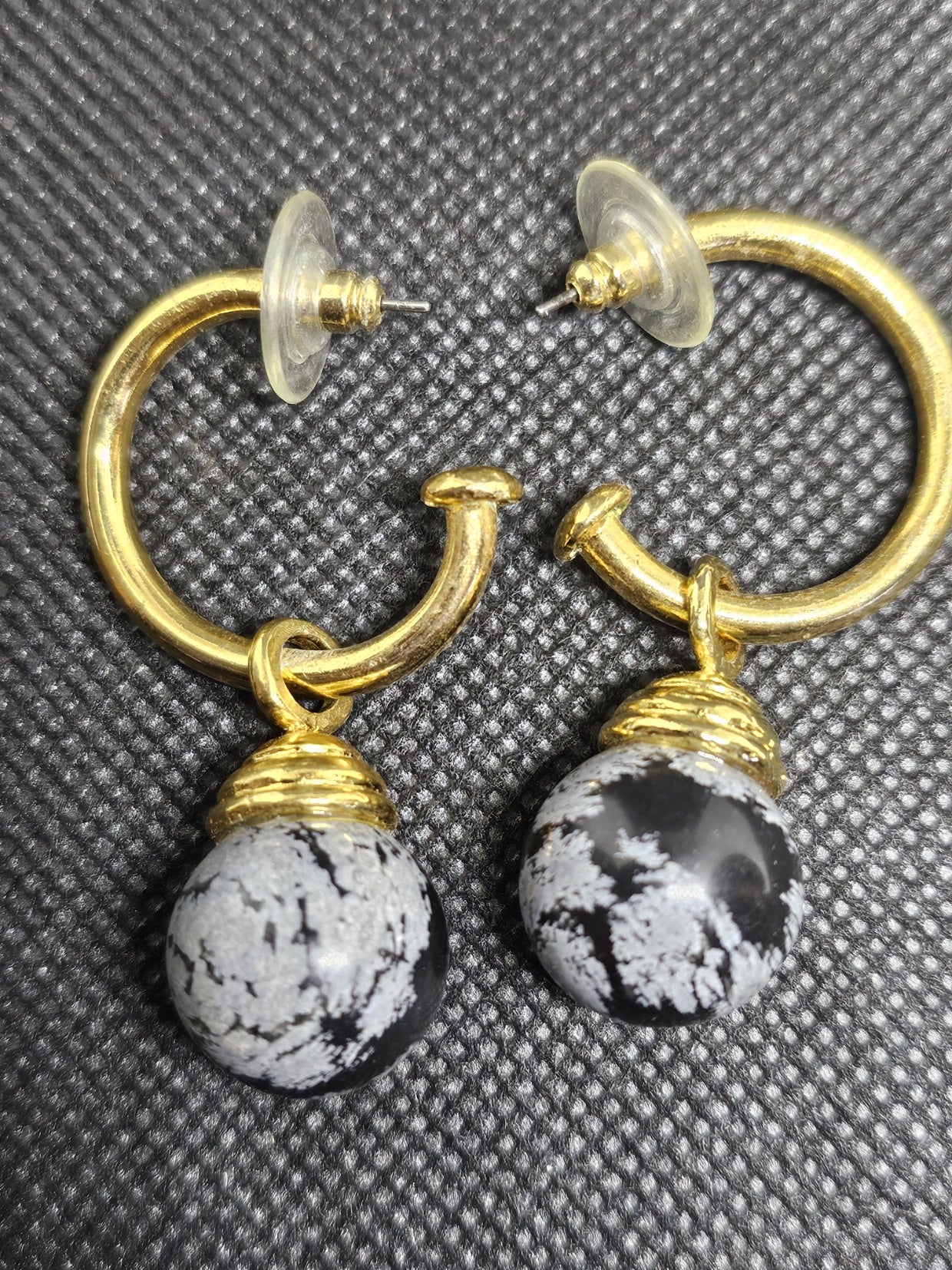 Snowflake Obsidian Polished Sphere Drop Earrings