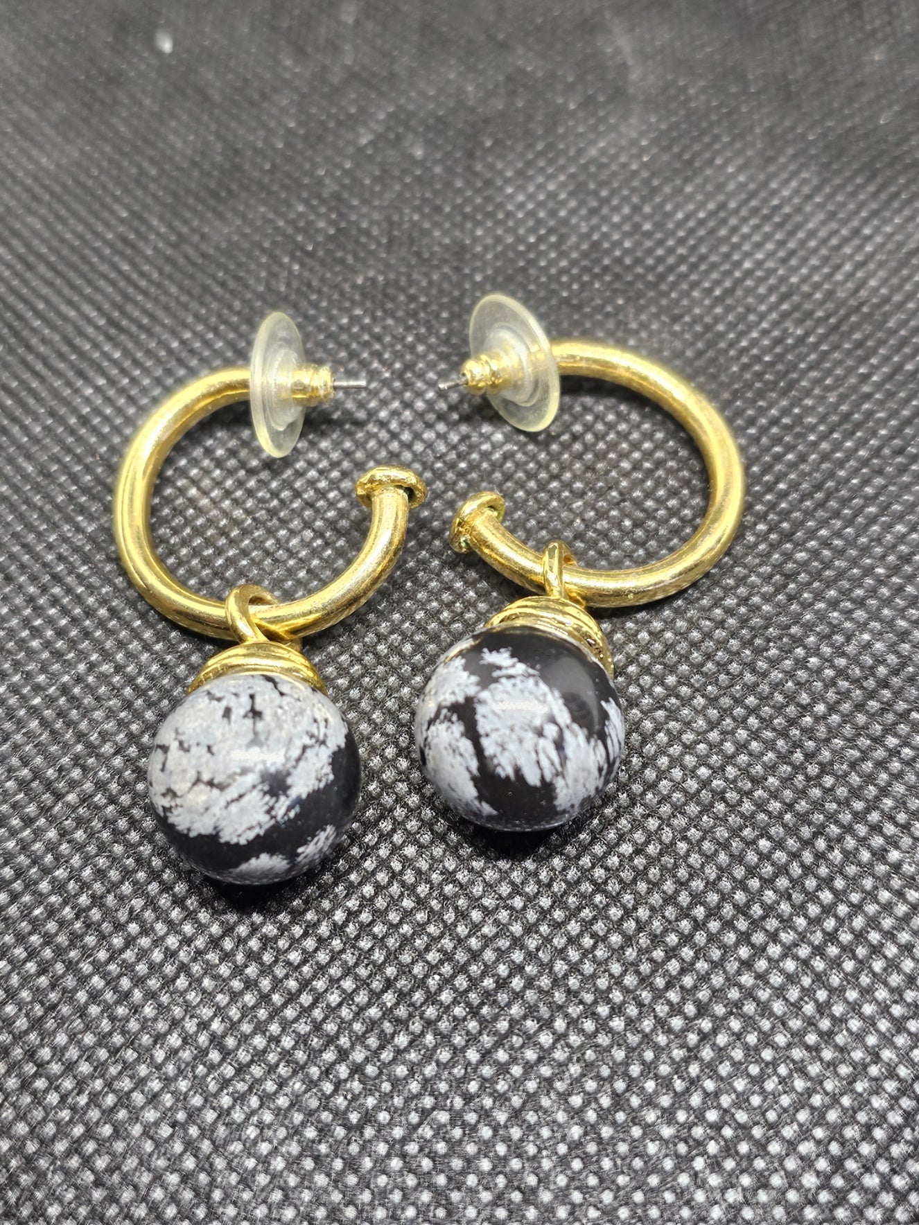 Snowflake Obsidian Polished Sphere Drop Earrings
