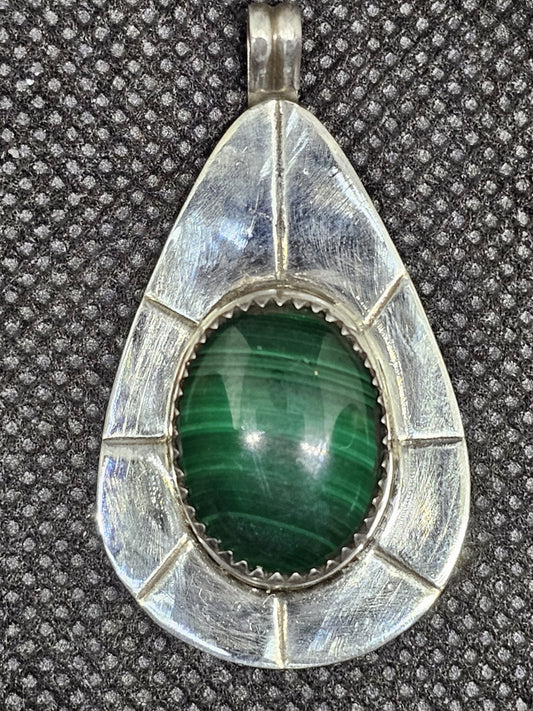 Sterling Silver Oval Malachite Pendant with Stamped Silver Surround