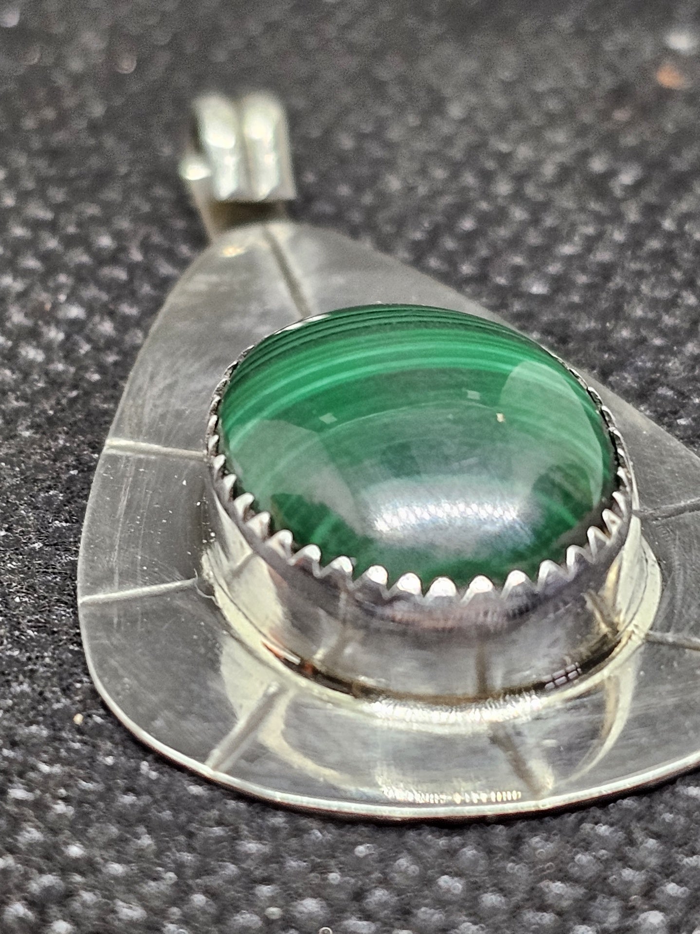 Sterling Silver Oval Malachite Pendant with Stamped Silver Surround