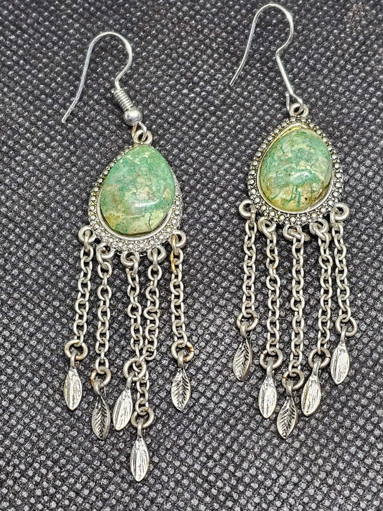 Sterling Silver Turquoise Drop Earrings with Decorative Leaf Chain