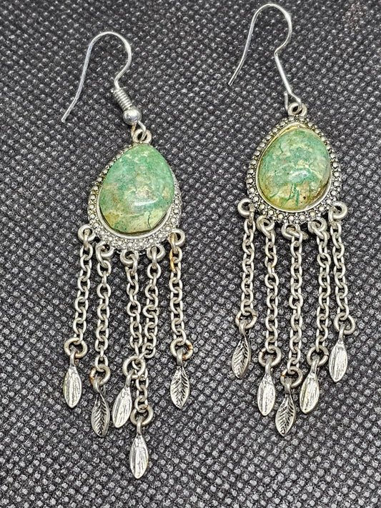Sterling Silver Turquoise Drop Earrings with Decorative Leaf Chain