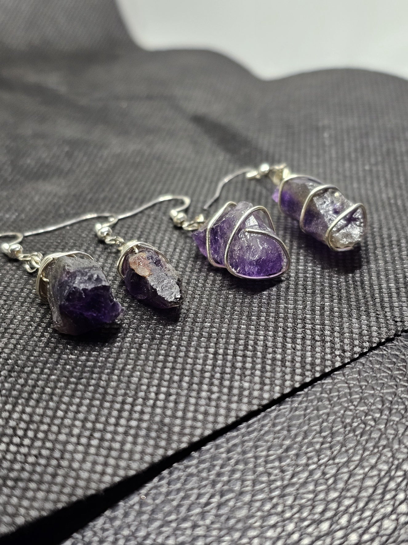 Raw Crystal Point Amethyst Sterling Silver Wire Wrapped Drop Earrings